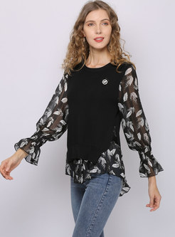 Print Flare Sleeve Patchwork Sweater