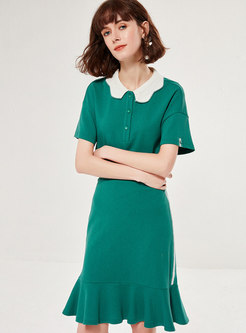 Polo Collar Knitted Peplum Skirt Suits