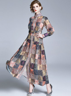Vintage Stand Collar Print Belted Maxi Dress