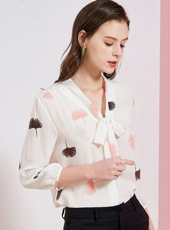 Print Tie-collar Silk Button-front Blouse