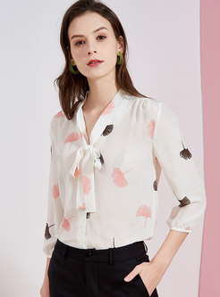 Print Tie-collar Silk Button-front Blouse