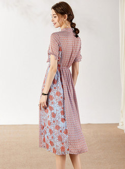 Scarf Collar Print Elastic Waist Midi Dress