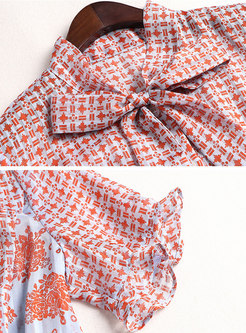 Scarf Collar Print Elastic Waist Midi Dress