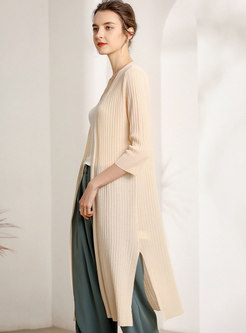 Open Front Slit Ribbed Cardigan