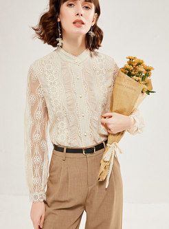 Lace Stand Collar Openwork Blouse