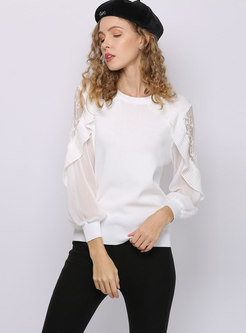 Crew Neck Patchwork Ruffle Knit Top