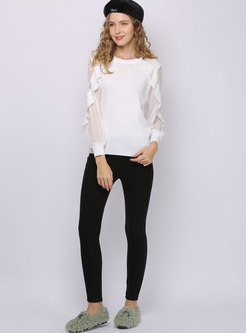 Crew Neck Patchwork Ruffle Knit Top