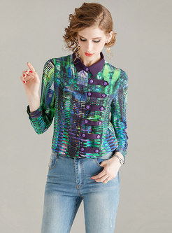 Double-breasted Lapel Print Silk Blouse