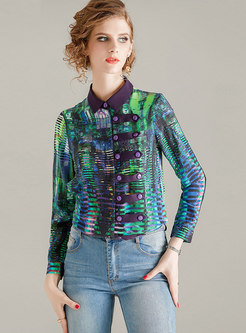 Double-breasted Lapel Print Silk Blouse