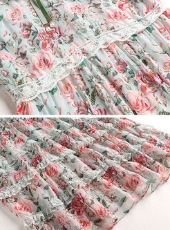 Floral Ruffle Collar Cake Midi Dress