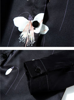 Black Print Lapel Button-front Blouse
