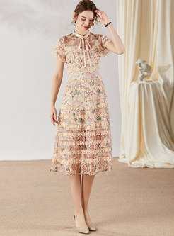 Stand Collar Lace Patchwork Floral Cake Dress