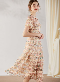 Stand Collar Lace Patchwork Floral Cake Dress
