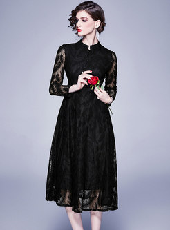 Stand Collar Embroidered Lace Midi Dress
