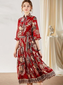 Print Stand Collar Pleated Wrap Dress