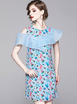 Open Shoulder Print Ruffle Bodycon Dress