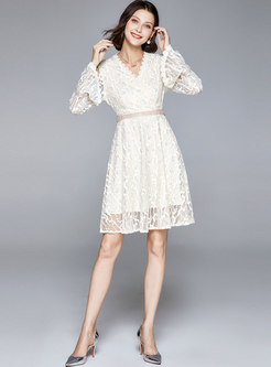 Flare Sleeve Lace Drilling Skater Dress