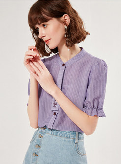 Striped Puff Sleeve Tie Blouse