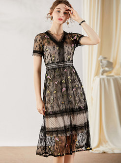 Openwork Lace Embroidered Midi Dress
