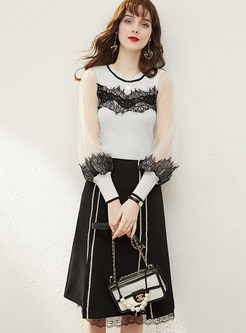 Lantern Sleeve Lace Patchwork Skirt Suits