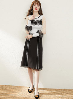 Lantern Sleeve Lace Patchwork Skirt Suits