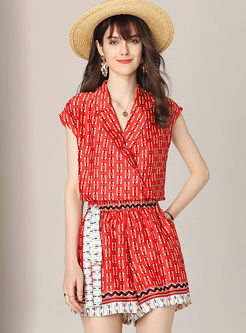 Print Sleeveless Wide Lapel Pant Suits