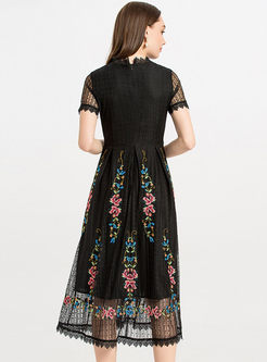 Lace Embroidered Stand Collar Skater Dress
