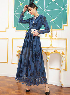 Lace Print Empire Waist Maxi Dress