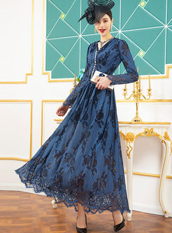 Lace Print Empire Waist Maxi Dress