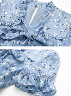 Floral Tie-collar Ruffle Sleeve Chiffon Maxi Dress