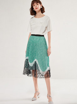 Lace Color Block High Waisted Pleated Skirt