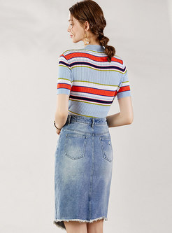 Striped Knit Top & Denim Pencil Skirt