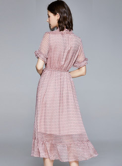 Elastic Waist Bowknot Print Midi Dress