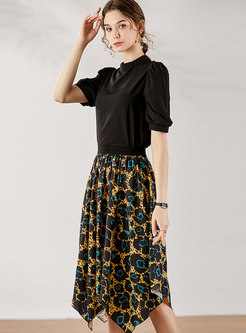 Stand Collar Print Asymmetric Skirt Suits