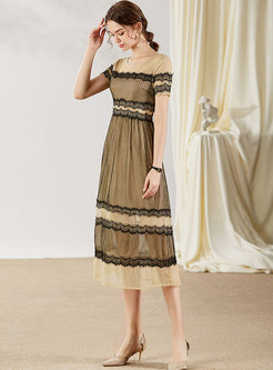 Empire Waist Lace Patchwork Midi Dress