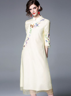 Stand Collar Embroidered Shift Midi Dress