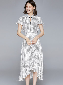 Stand Collar Print Ruffle Asymmetric Dress