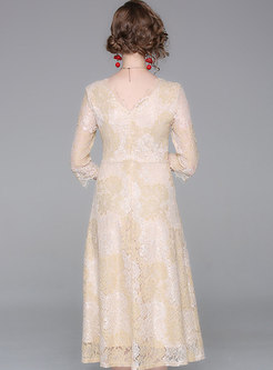 V-neck 3/4 Sleeve Lace Bridesmaid Dress