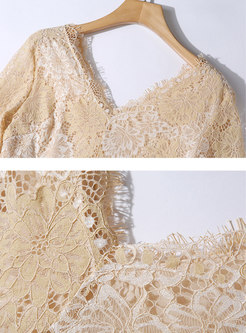 V-neck 3/4 Sleeve Lace Bridesmaid Dress