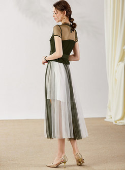 Mesh Patchwork Stand Collar Skirt Suits