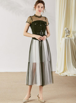 Mesh Patchwork Stand Collar Skirt Suits