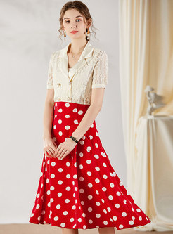 Wide Lapel Lace Top & Polka Dot Skirt