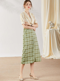 V-neck Ruffle Top & Plaid Pencil Skirt