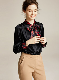Stand Collar Bowknot Silk Blouse