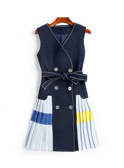 Patchwork Sleeveless Belted Pleated Dress