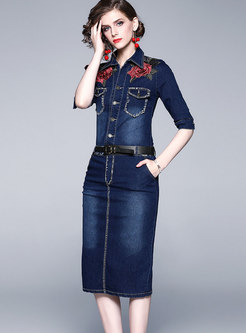 Denim Embroidered Lapel Belted Bodycon Dress