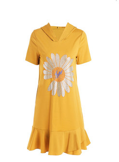 Casual Hooded Drilling Ruffle T-shirt Dress