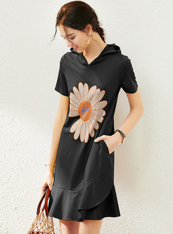 Casual Hooded Drilling Ruffle T-shirt Dress