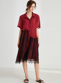 Lace Patchwork Ruffle Shift Shirt Dress