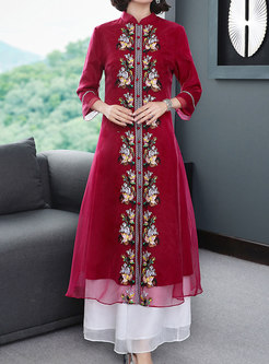 Stand Collar Embroidered Patchwork Maxi Dress